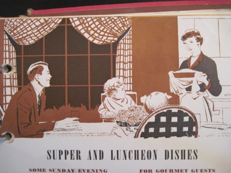 Illustration of man in suit and two toddlers seated at table with looks of anticipation as well-coifed Mom wearing pearls stands holding a supper dish.